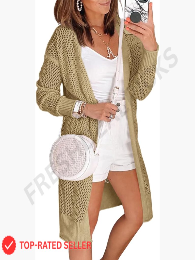 Crochet Lightweight Cardigan Open Front Boho Knit Long Sleeve Kimono
